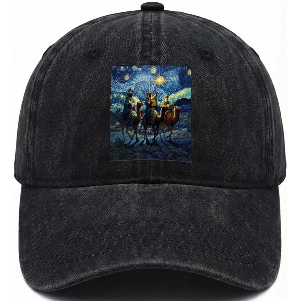 Three Kings Washed Cotton Baseball Cap Nativity Scene Starry Night Christian Christmas