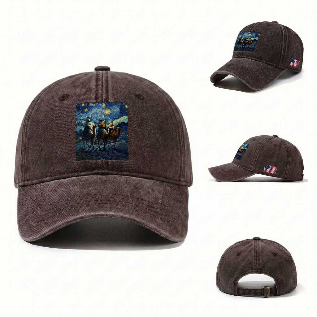 Three Kings Washed Cotton Baseball Cap Nativity Scene Starry Night Christian Christmas