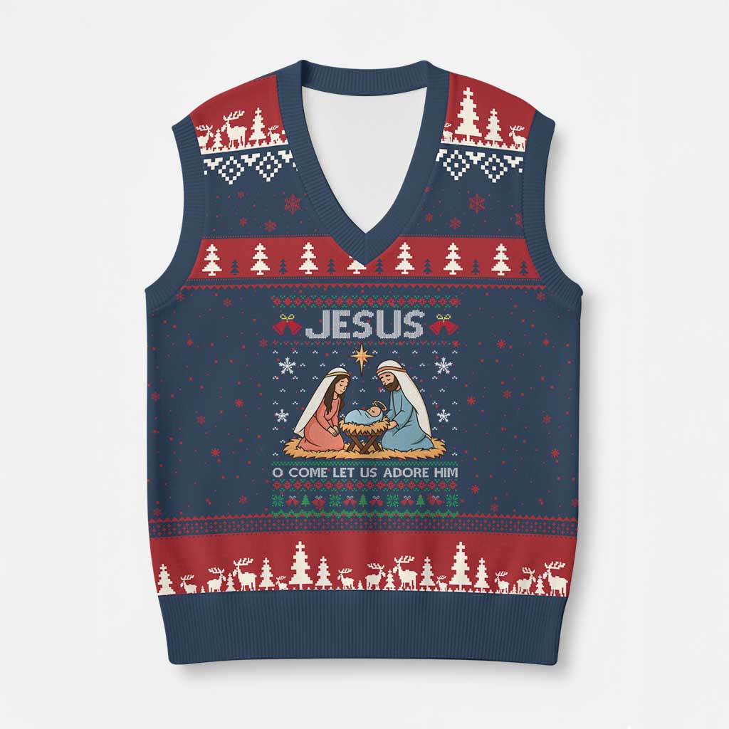 Nativity Scene Xmas V-Neck Knit Sweater Vest Baby Jesus Christian Xmas - Wonder Print Shop