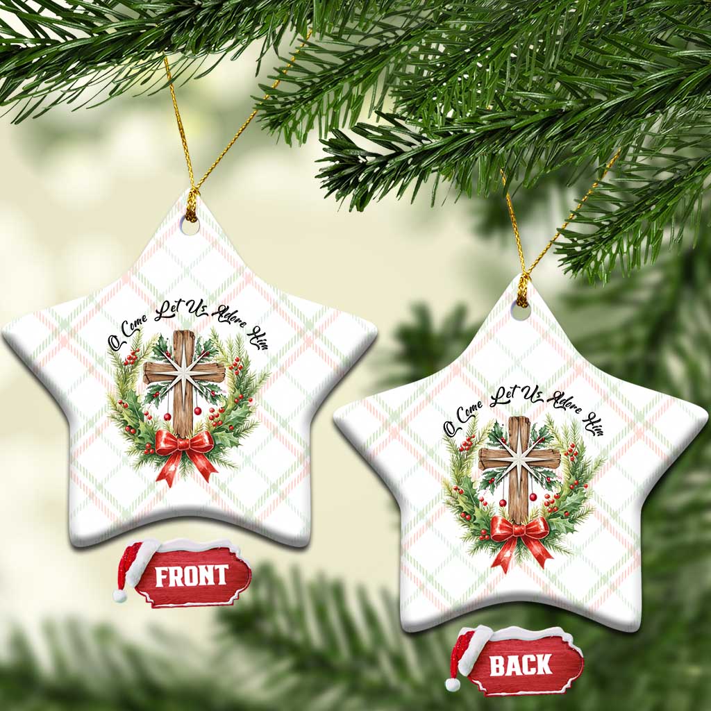 Cross Xmas Ceramic Ornament O Come Let Us Adove Him - Wonder Print Shop