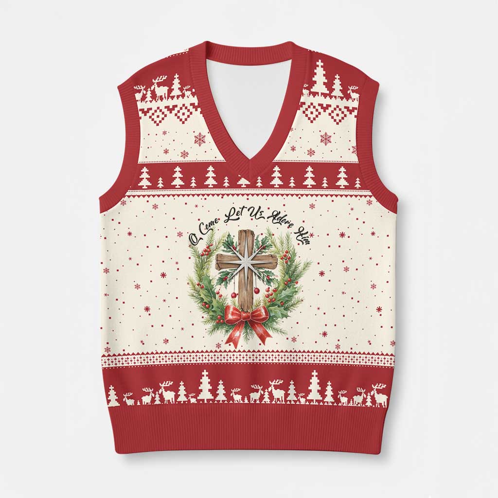 Cross Xmas V-Neck Knit Sweater Vest O Come Let Us Adove Him - Wonder Print Shop