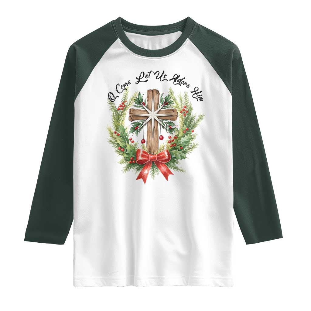 Cross Christmas Raglan Shirt O Come Let Us Adove Him - Wonder Print Shop
