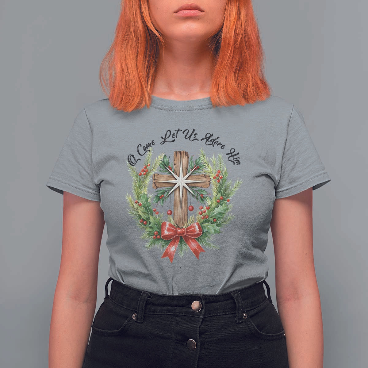 Cross Christmas T Shirt For Women O Come Let Us Adove Him - Wonder Print Shop