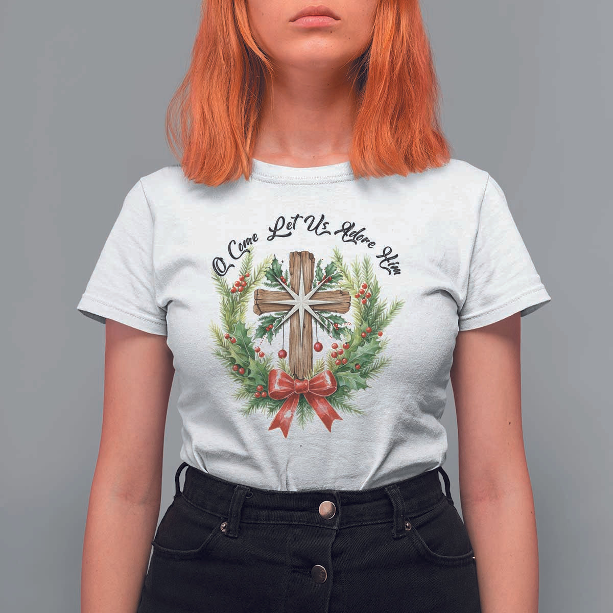 Cross Christmas T Shirt For Women O Come Let Us Adove Him - Wonder Print Shop