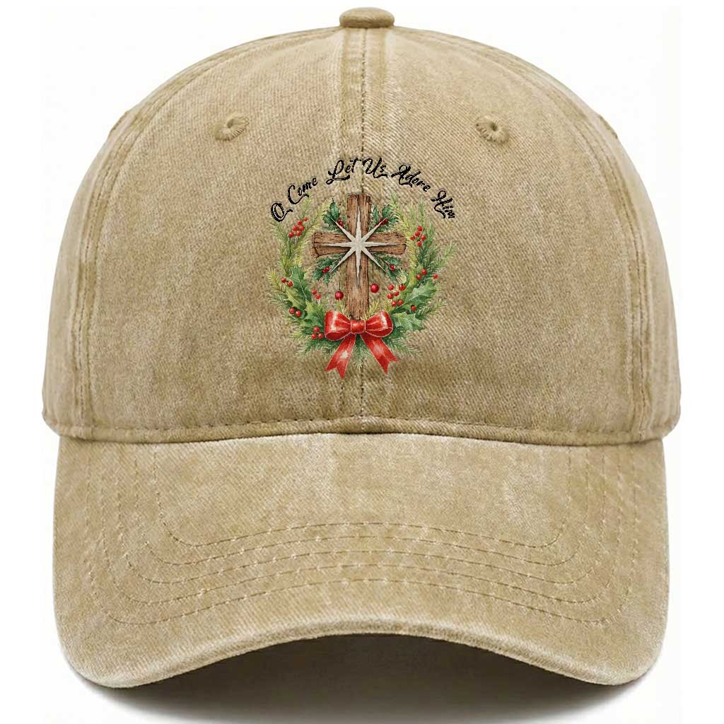 Cross Christmas Washed Cotton Baseball Cap O Come Let Us Adove Him