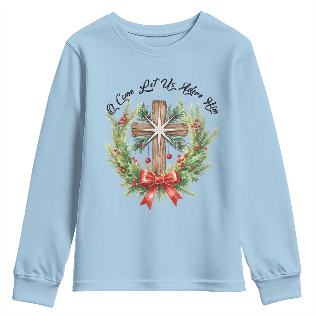 Cross Christmas Youth Sweatshirt O Come Let Us Adove Him - Wonder Print Shop