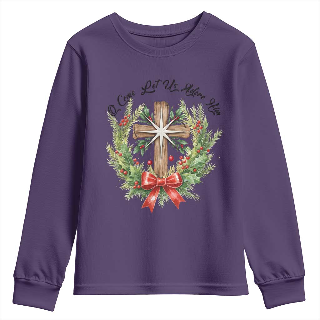 Cross Christmas Youth Sweatshirt O Come Let Us Adove Him - Wonder Print Shop