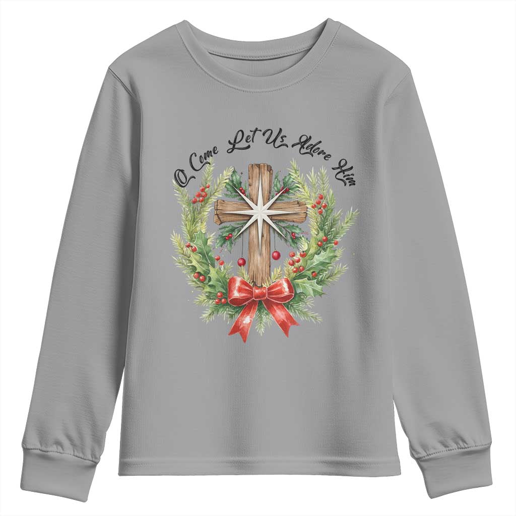 Cross Christmas Youth Sweatshirt O Come Let Us Adove Him - Wonder Print Shop