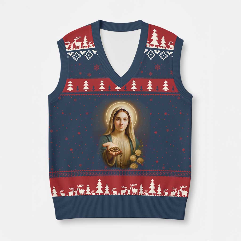 Virgin Mary Maria V-Neck Knit Sweater Vest Catholic Christian Faith - Wonder Print Shop