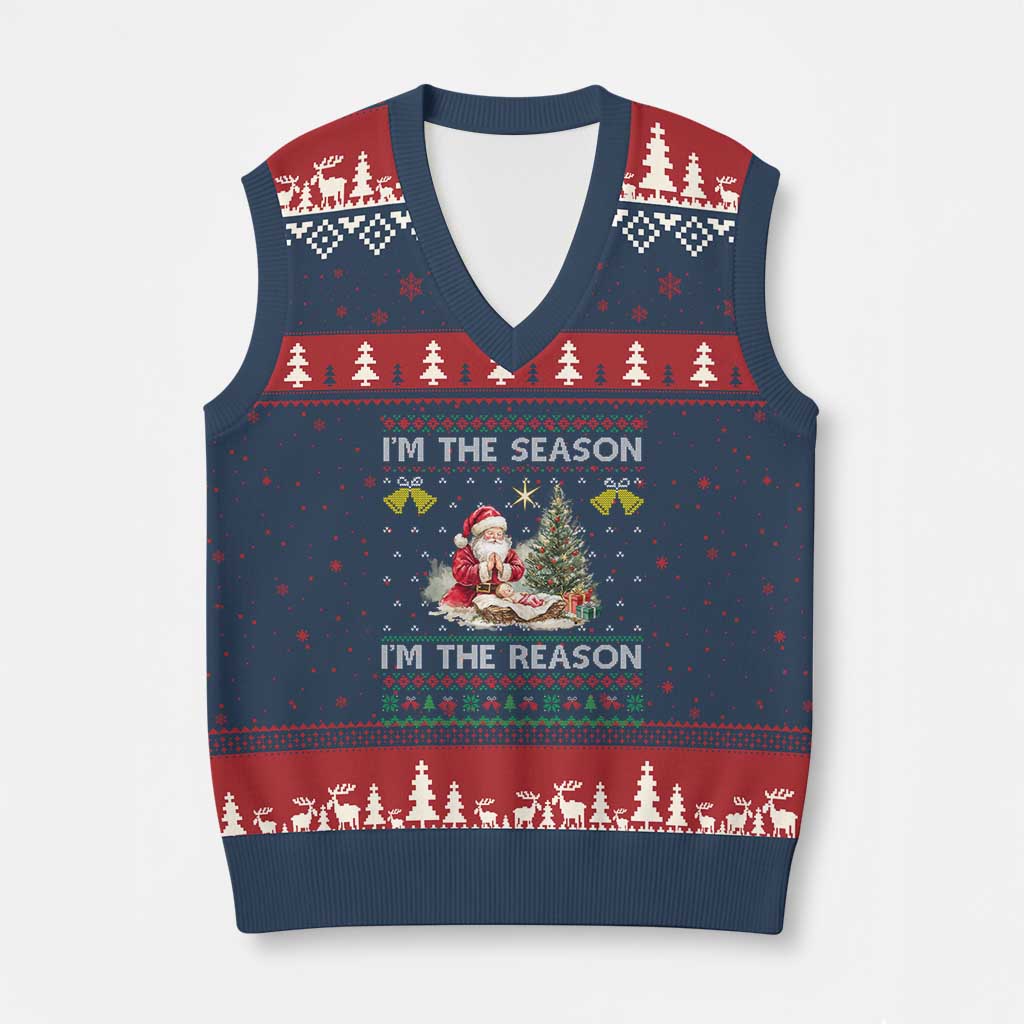 Jesus Xmas V-Neck Knit Sweater Vest Santa With Jesus Baby Reason Xmas - Wonder Print Shop