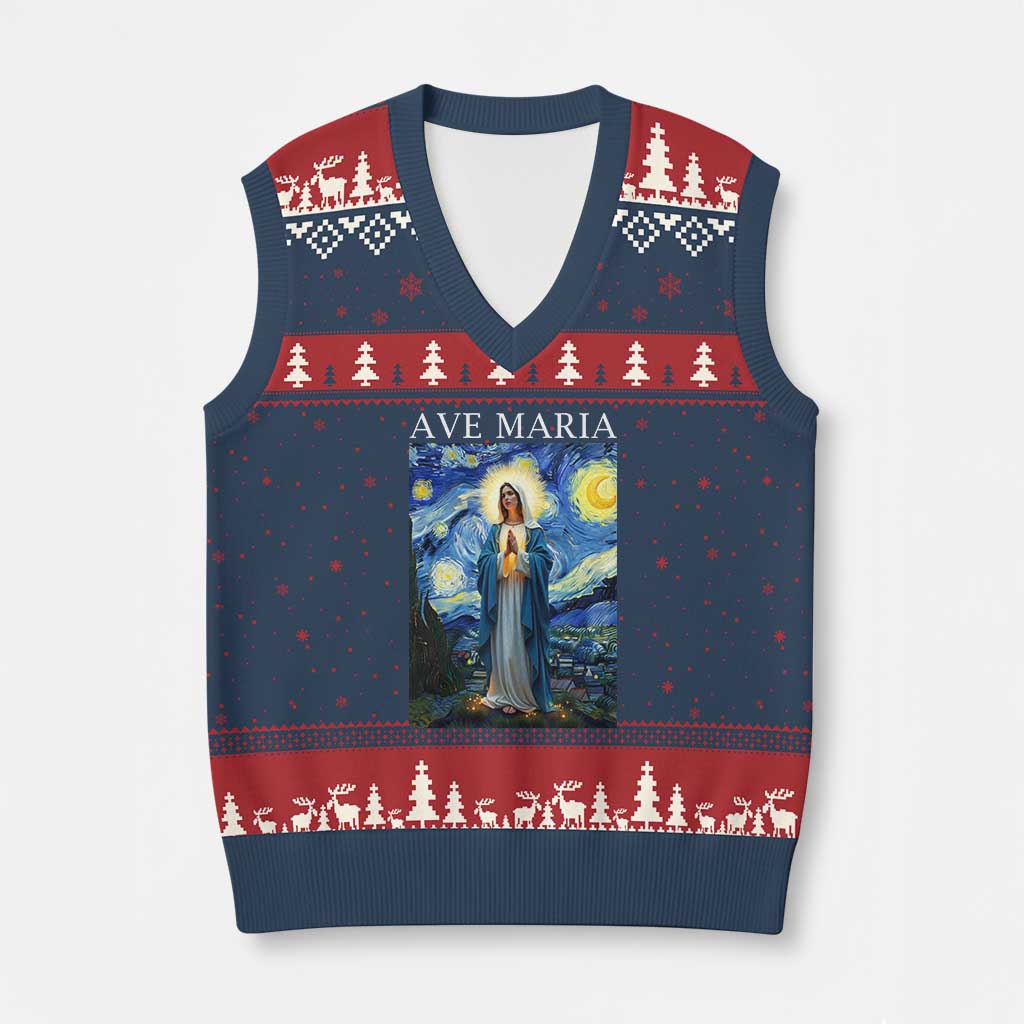 Virgin Mary Starry Night V-Neck Knit Sweater Vest Mother of Christ Catholic - Wonder Print Shop