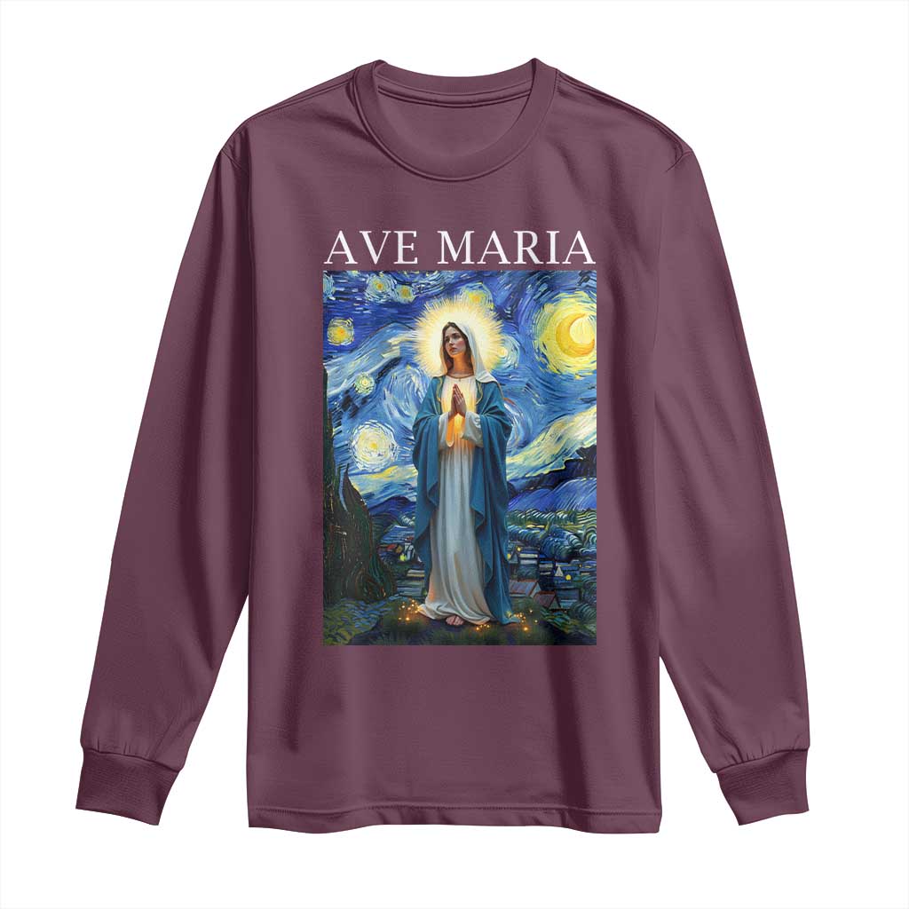 Virgin Mary Starry Night Long Sleeve Shirt Mother of Christ Catholic - Wonder Print Shop