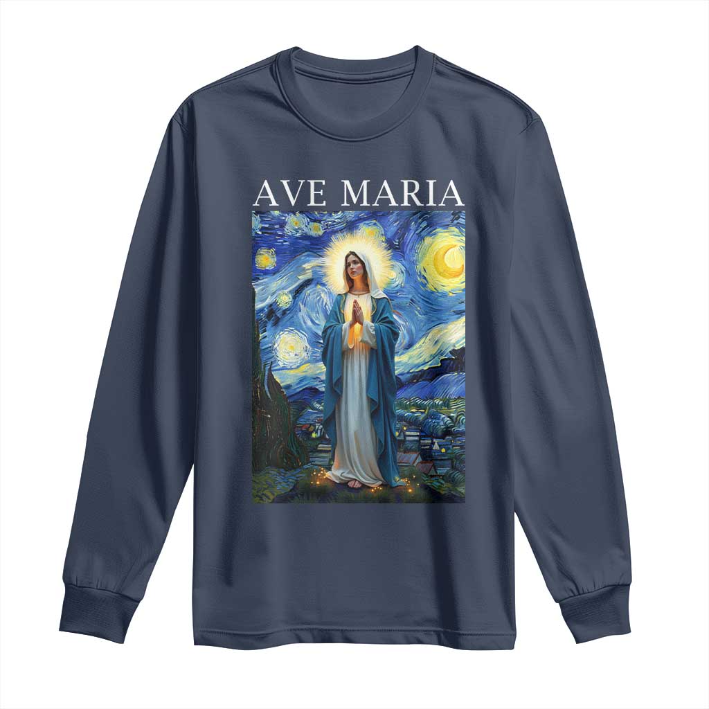 Virgin Mary Starry Night Long Sleeve Shirt Mother of Christ Catholic - Wonder Print Shop