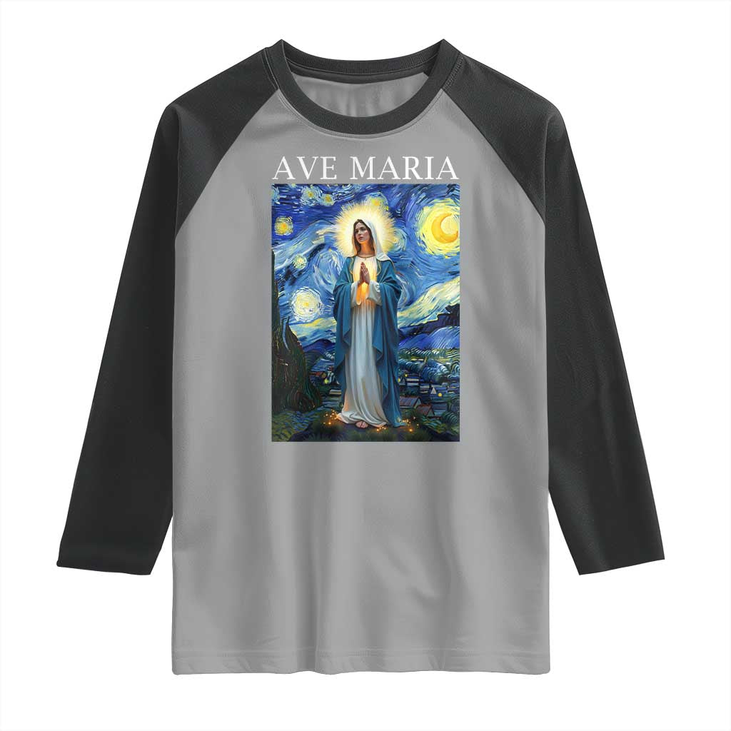 Virgin Mary Starry Night Raglan Shirt Mother of Christ Catholic - Wonder Print Shop