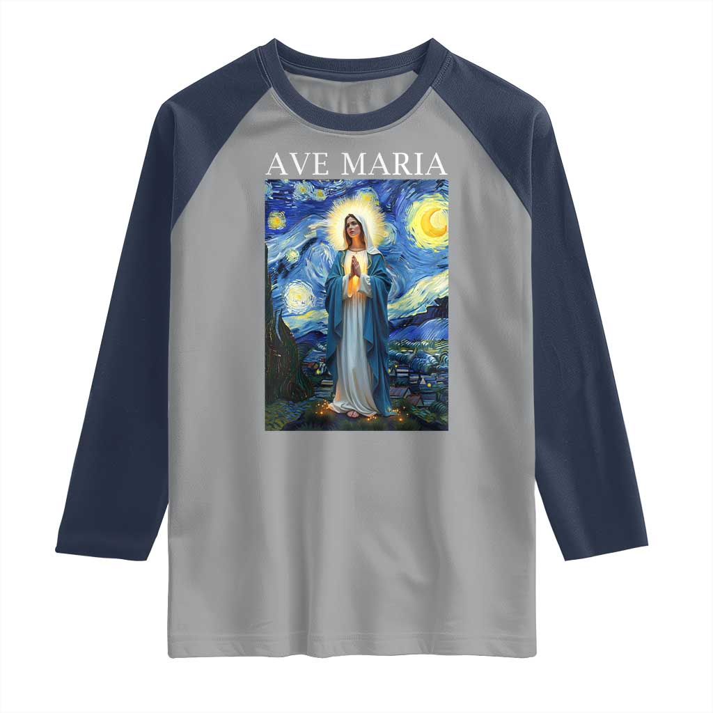Virgin Mary Starry Night Raglan Shirt Mother of Christ Catholic - Wonder Print Shop