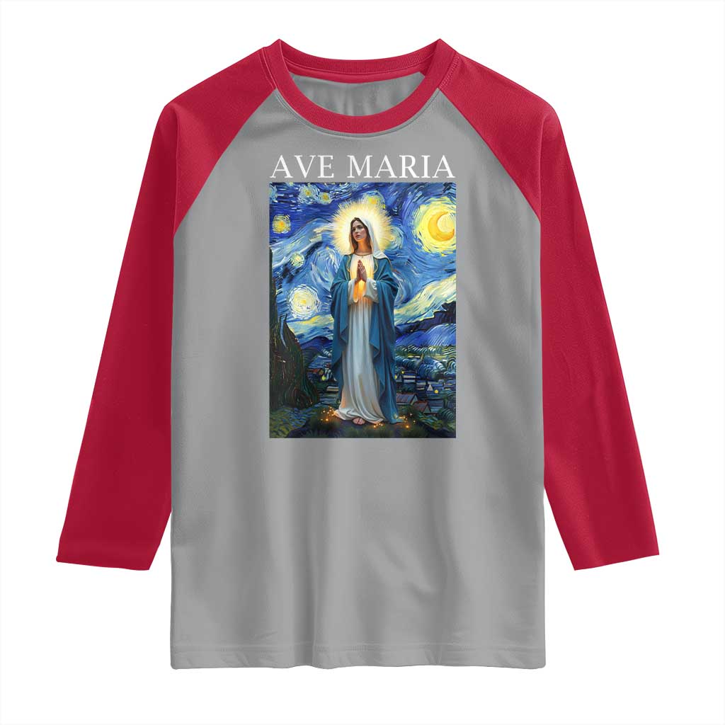 Virgin Mary Starry Night Raglan Shirt Mother of Christ Catholic - Wonder Print Shop