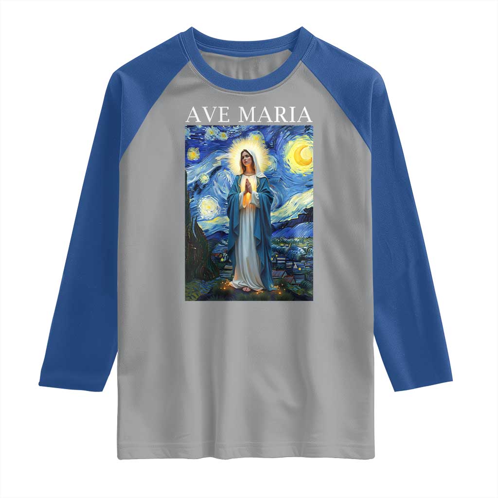 Virgin Mary Starry Night Raglan Shirt Mother of Christ Catholic - Wonder Print Shop