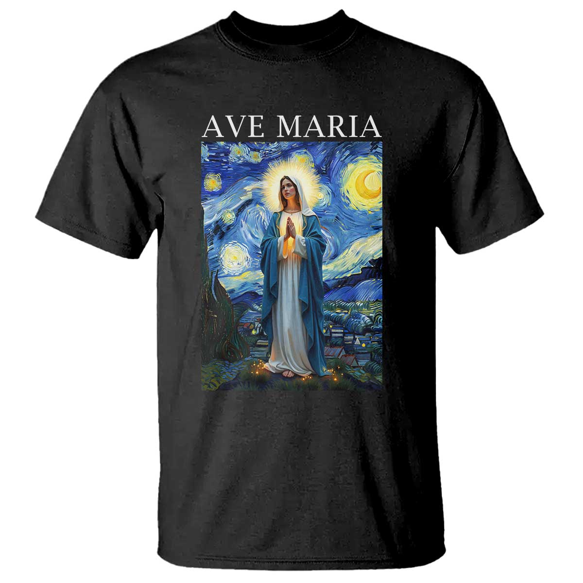 Virgin Mary Starry Night T Shirt Mother of Christ Catholic - Wonder Print Shop