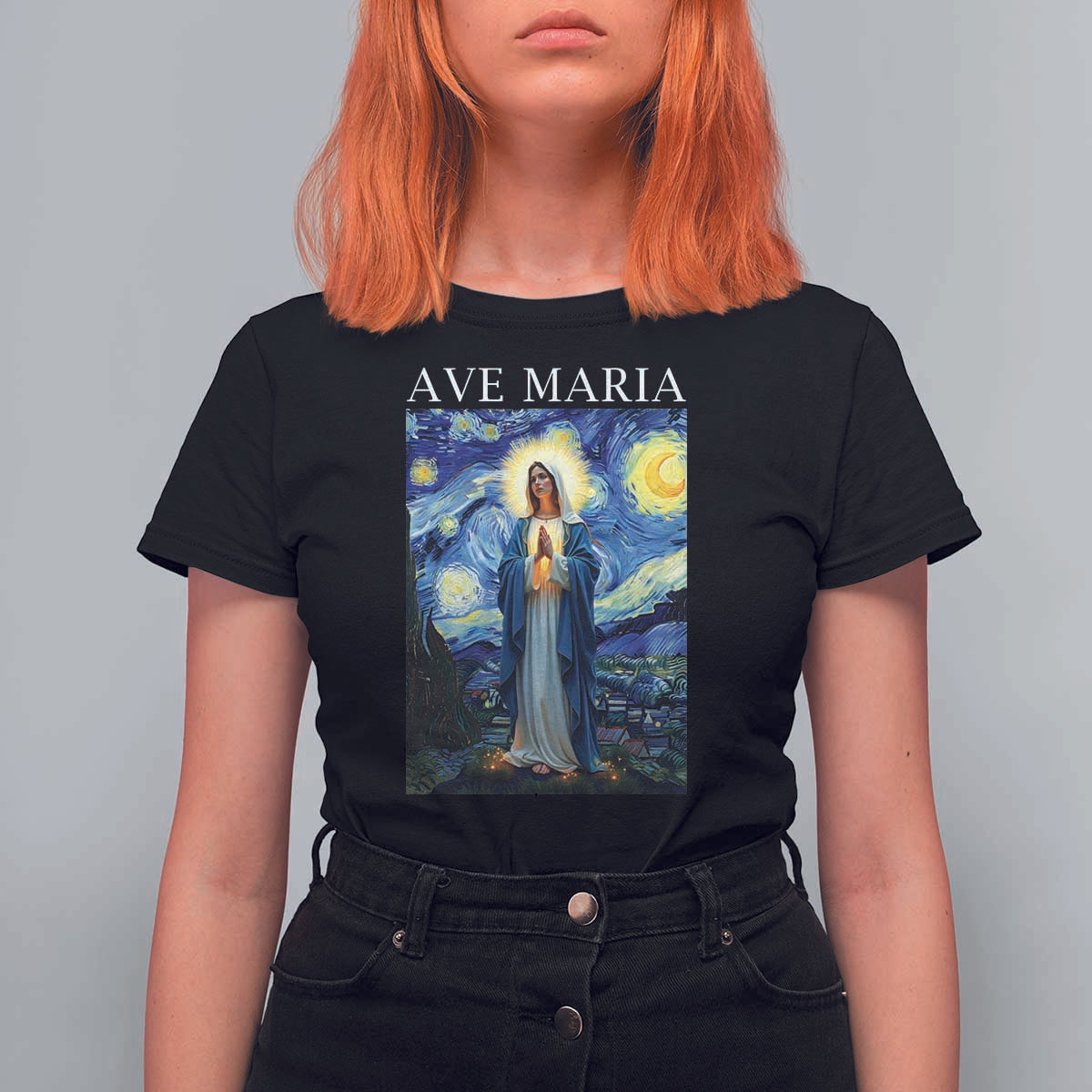 Virgin Mary Starry Night T Shirt For Women Mother of Christ Catholic - Wonder Print Shop