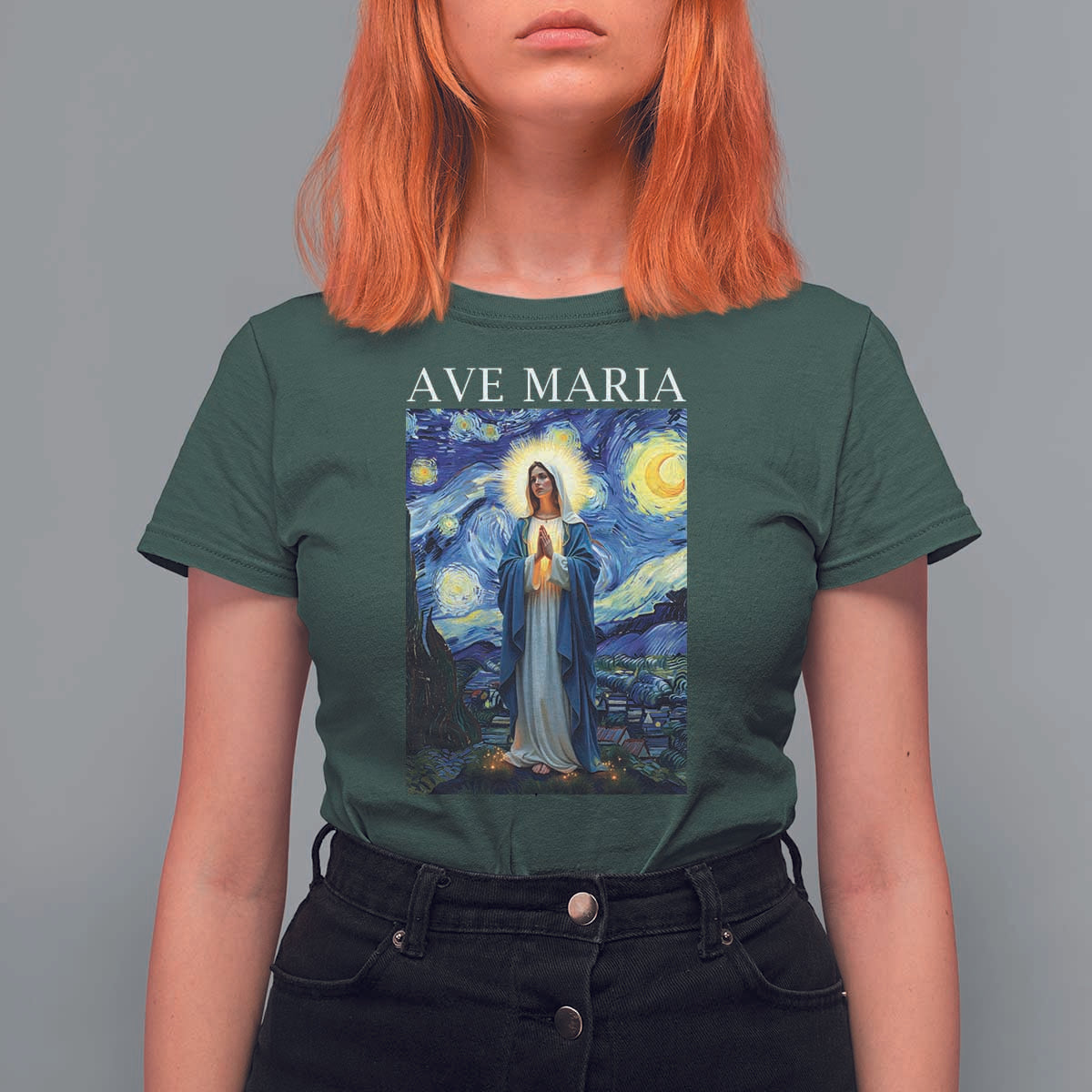 Virgin Mary Starry Night T Shirt For Women Mother of Christ Catholic - Wonder Print Shop
