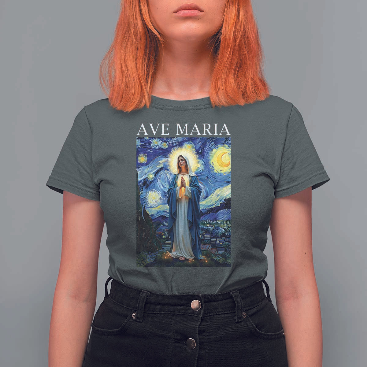 Virgin Mary Starry Night T Shirt For Women Mother of Christ Catholic - Wonder Print Shop