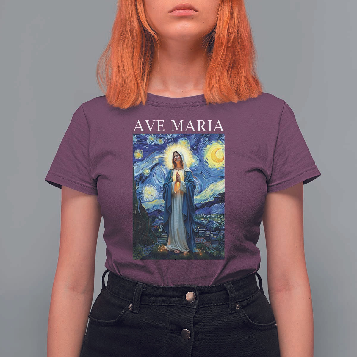 Virgin Mary Starry Night T Shirt For Women Mother of Christ Catholic - Wonder Print Shop