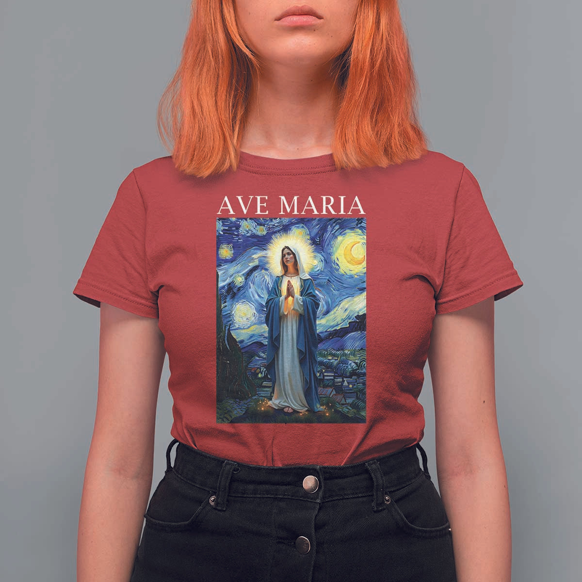 Virgin Mary Starry Night T Shirt For Women Mother of Christ Catholic - Wonder Print Shop