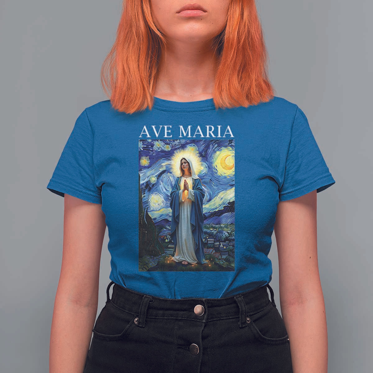 Virgin Mary Starry Night T Shirt For Women Mother of Christ Catholic - Wonder Print Shop