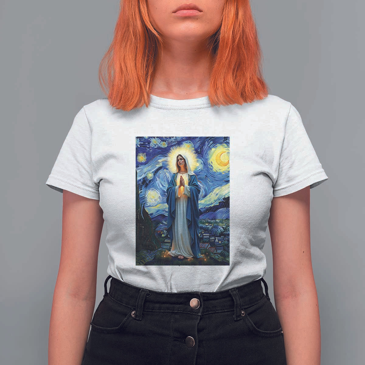 Virgin Mary Starry Night T Shirt For Women Mother of Christ Catholic - Wonder Print Shop