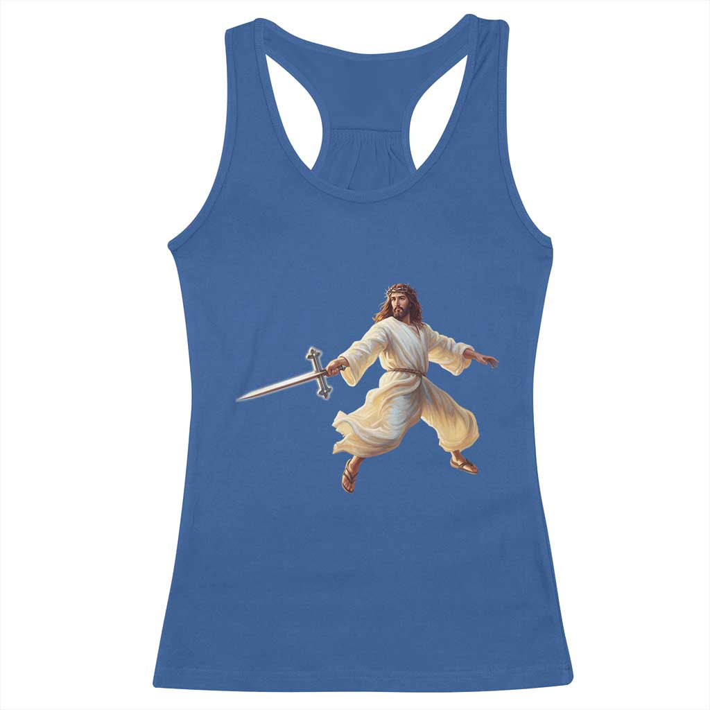 Funny Fencing Jesus Racerback Tank Top Combat Sport Christan Lover - Wonder Print Shop