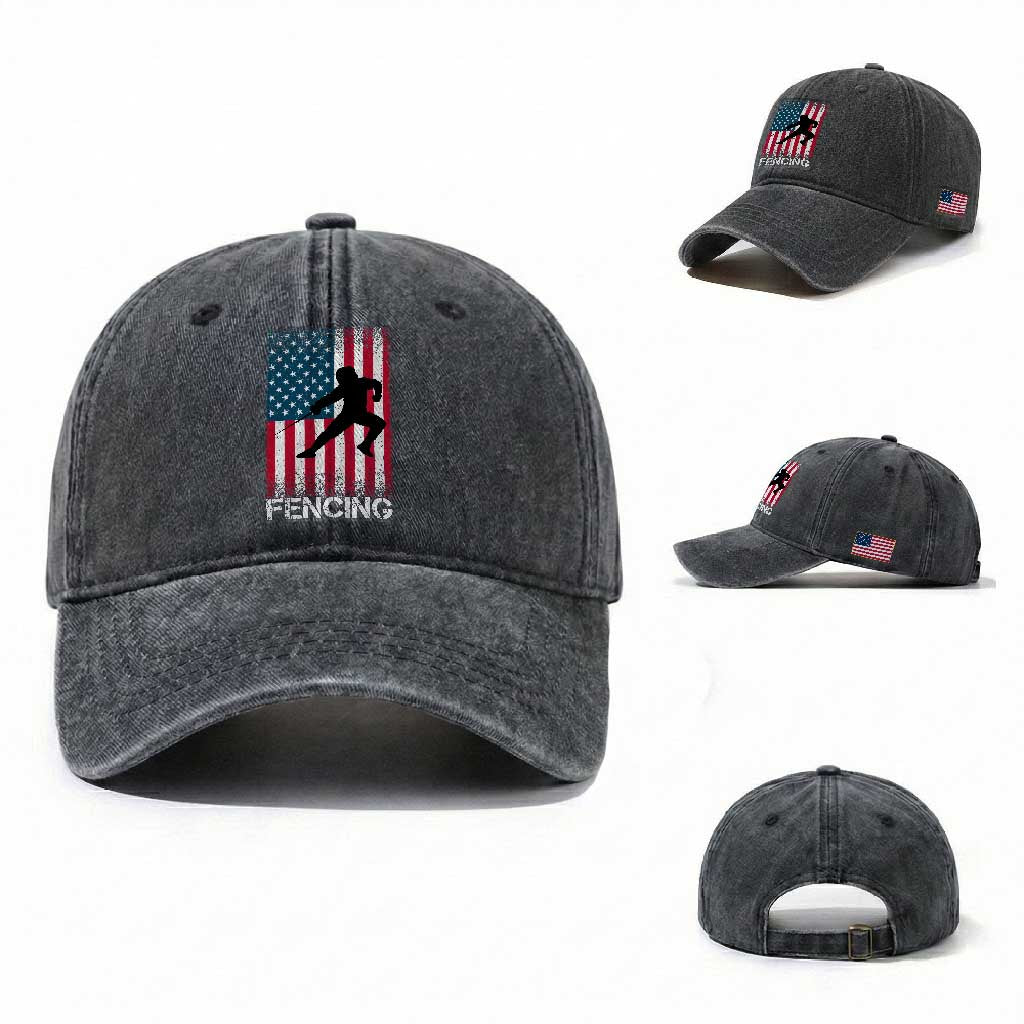 American Flag Fencing USA Patriotic Washed Cotton Baseball Cap