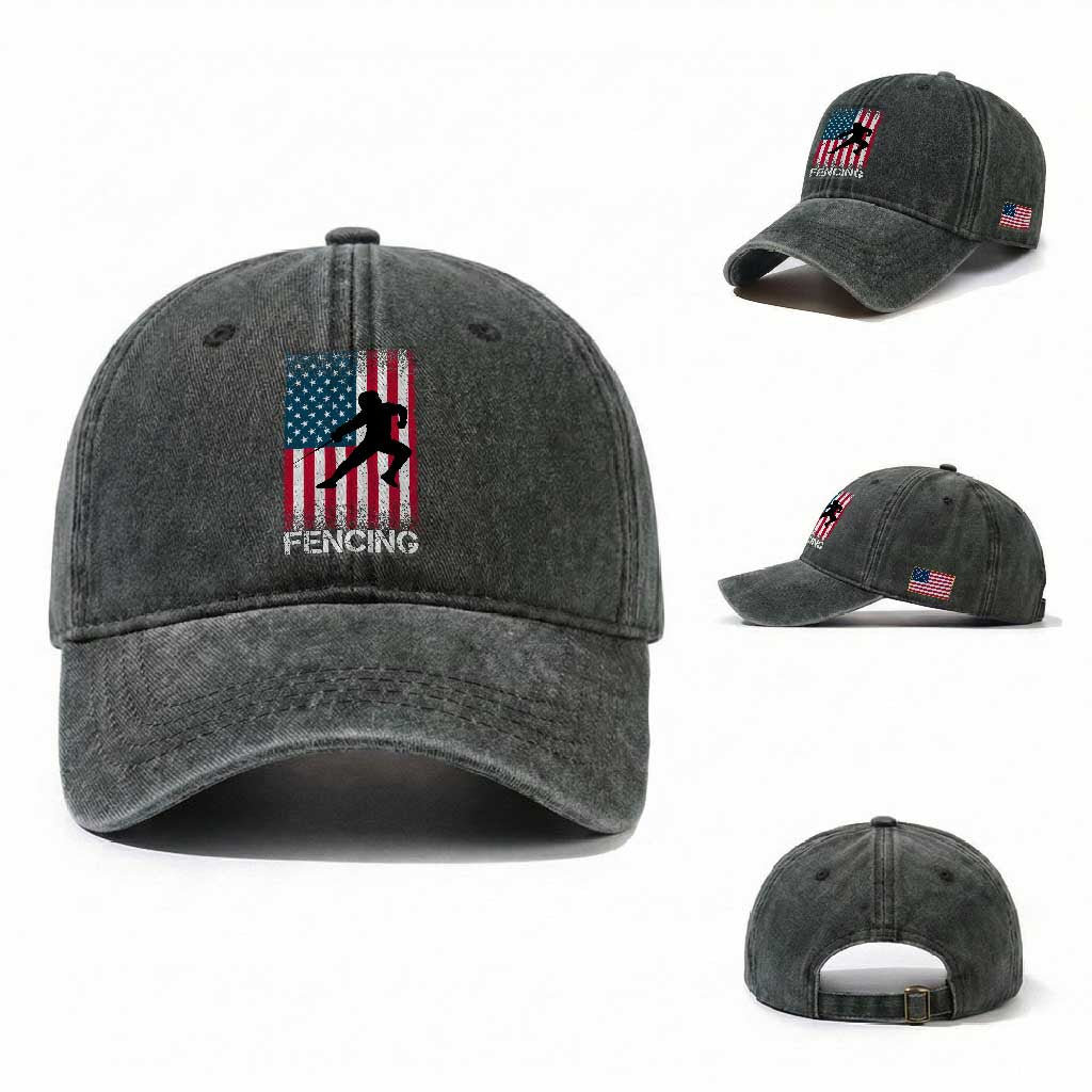 American Flag Fencing USA Patriotic Washed Cotton Baseball Cap