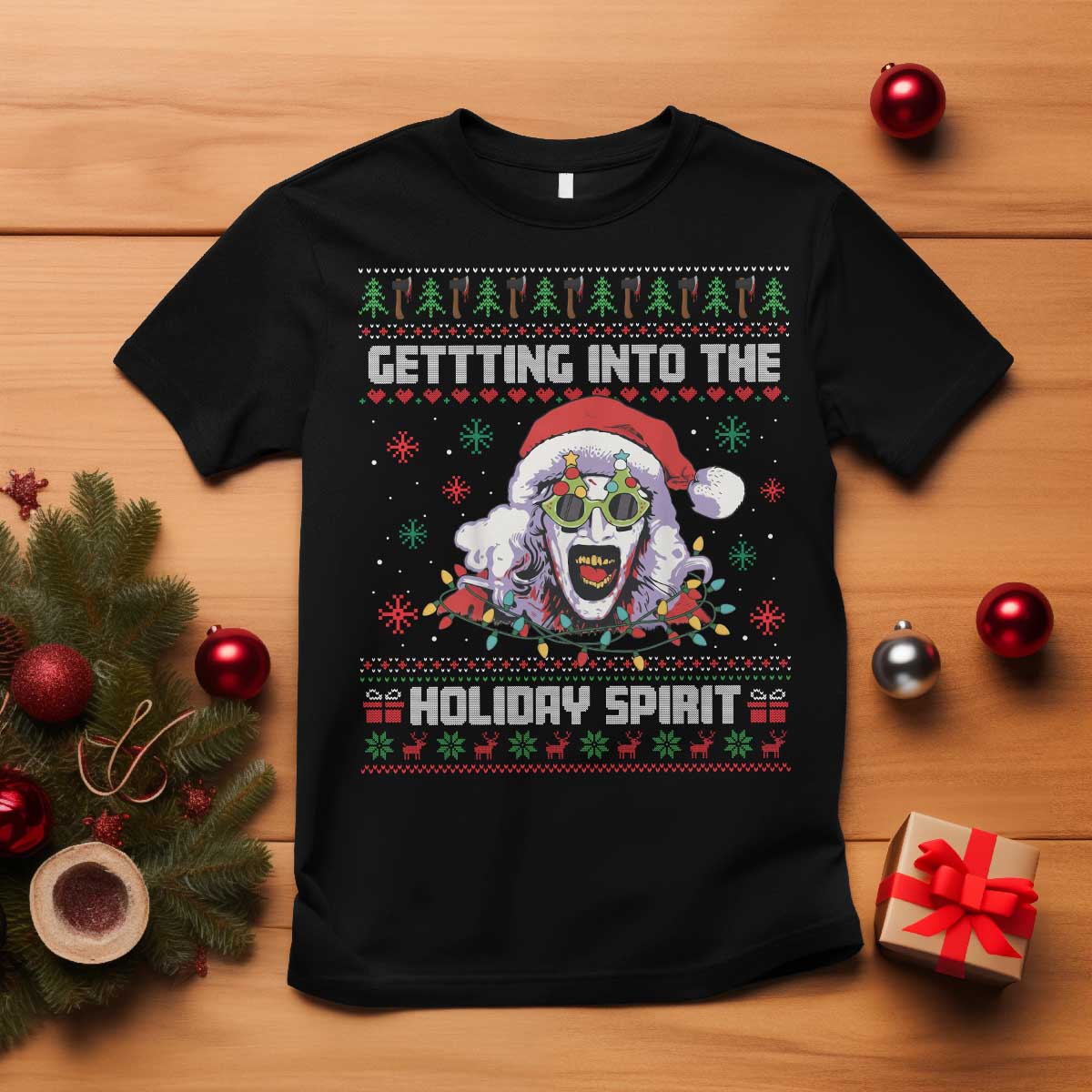 Terrifier Santa Christmas T Shirt Getting Into The Holiday Spirit Horror Movie - Wonder Print Shop
