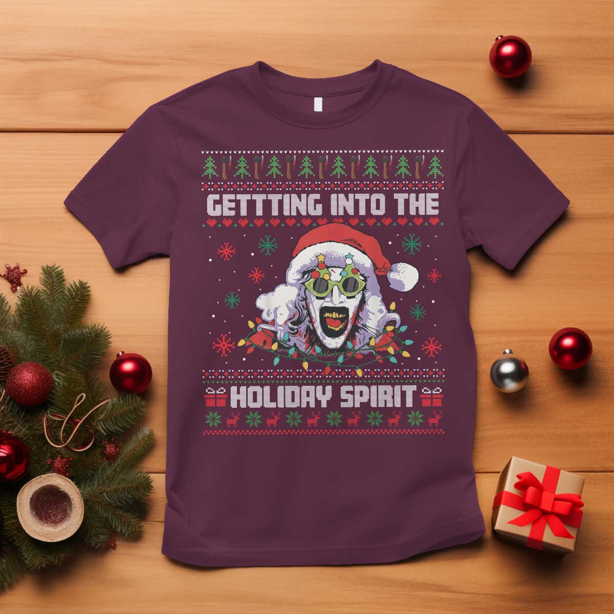 Terrifier Santa Christmas T Shirt Getting Into The Holiday Spirit Horror Movie - Wonder Print Shop