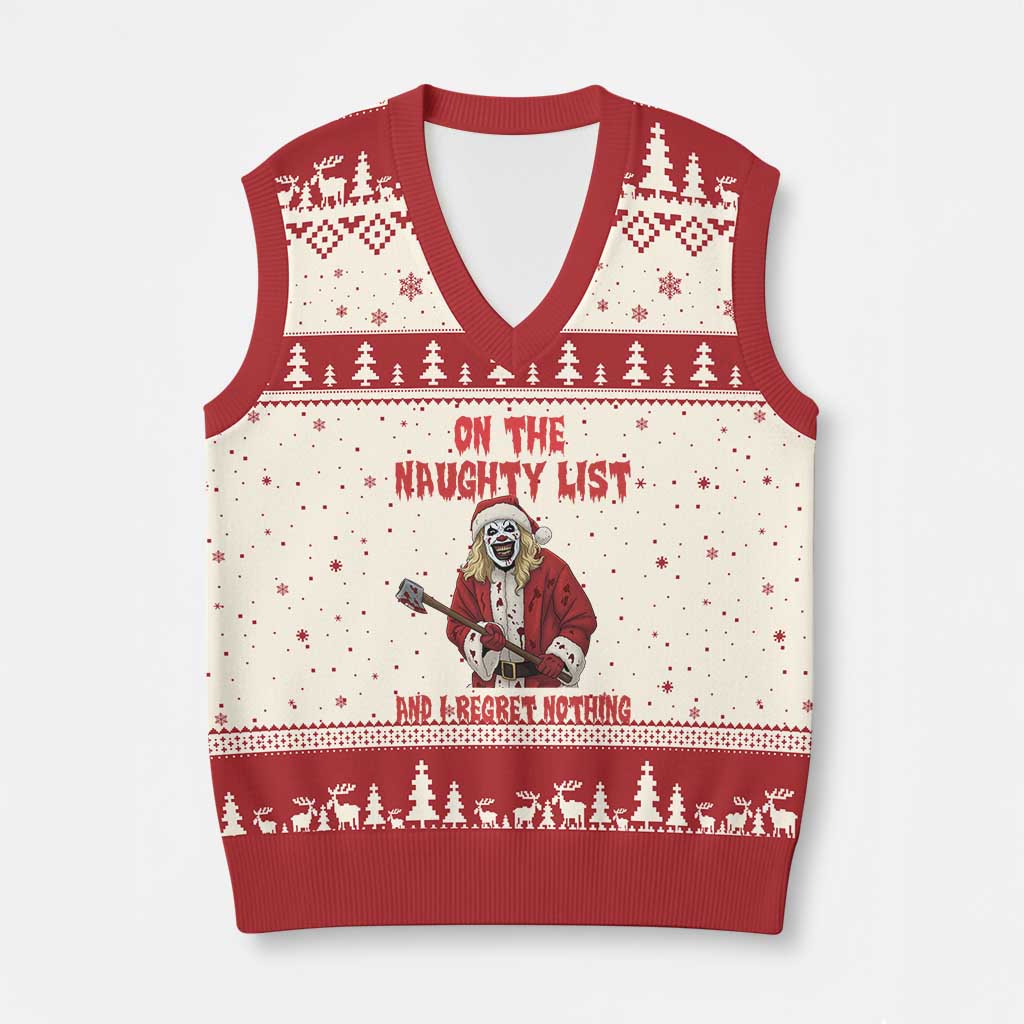 Terrifier Santa Xmas Movie V-Neck Knit Sweater Vest On The Naughty List And I Regret Nothing - Wonder Print Shop