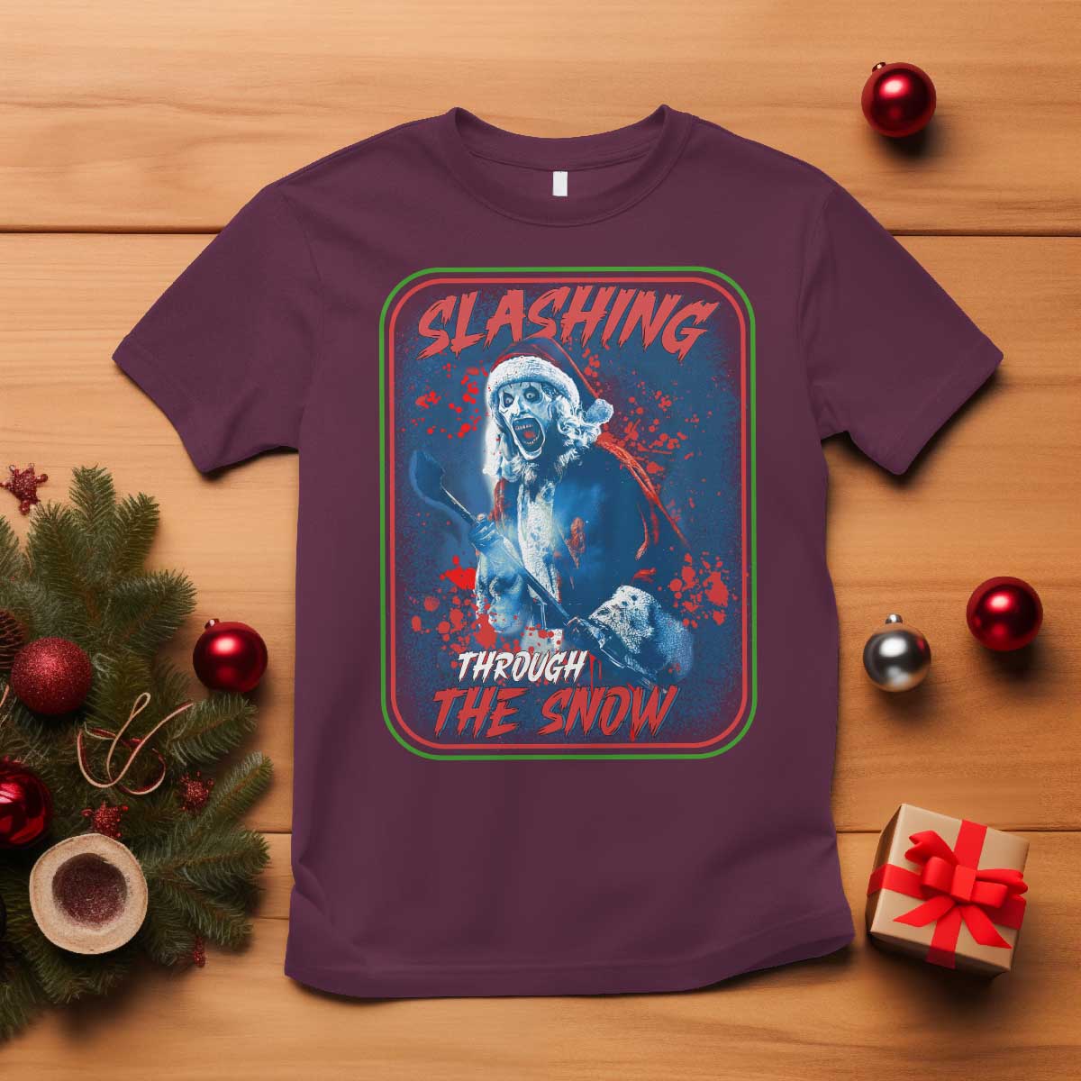 Terrifier Santa Christmas T Shirt Slashing Through The Snow - Wonder Print Shop