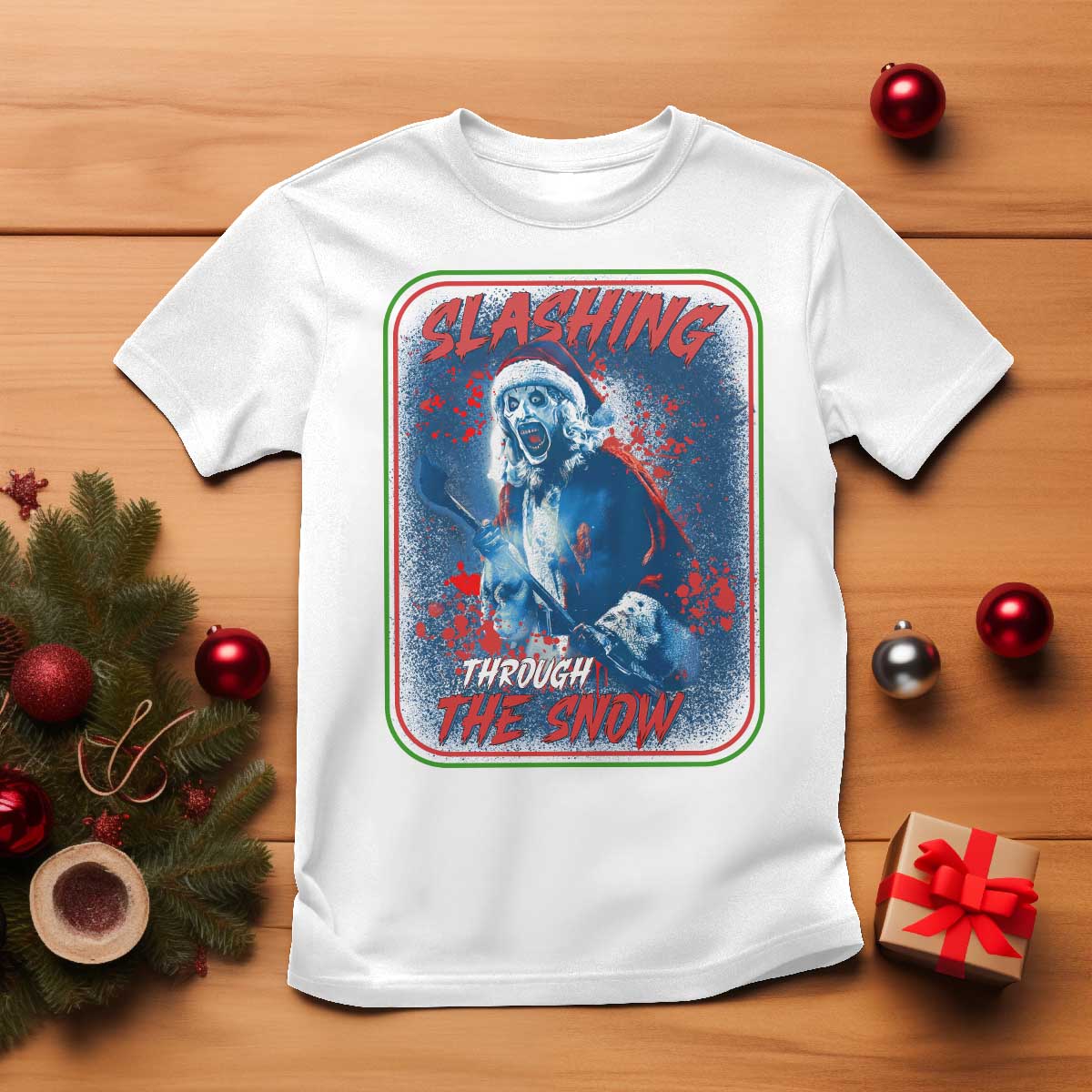 Terrifier Santa Christmas T Shirt Slashing Through The Snow - Wonder Print Shop