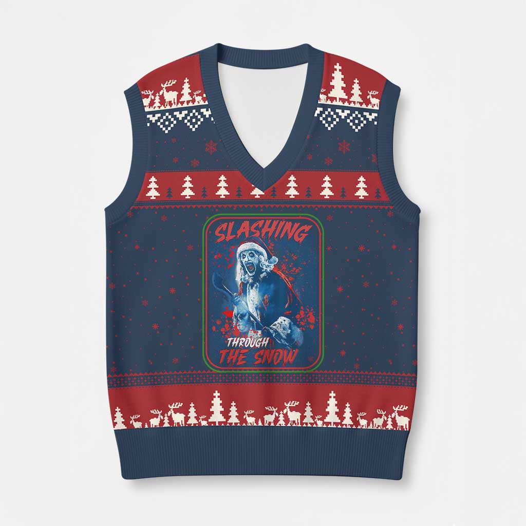 Terrifier Santa Xmas V-Neck Knit Sweater Vest Slashing Through The Snow - Wonder Print Shop