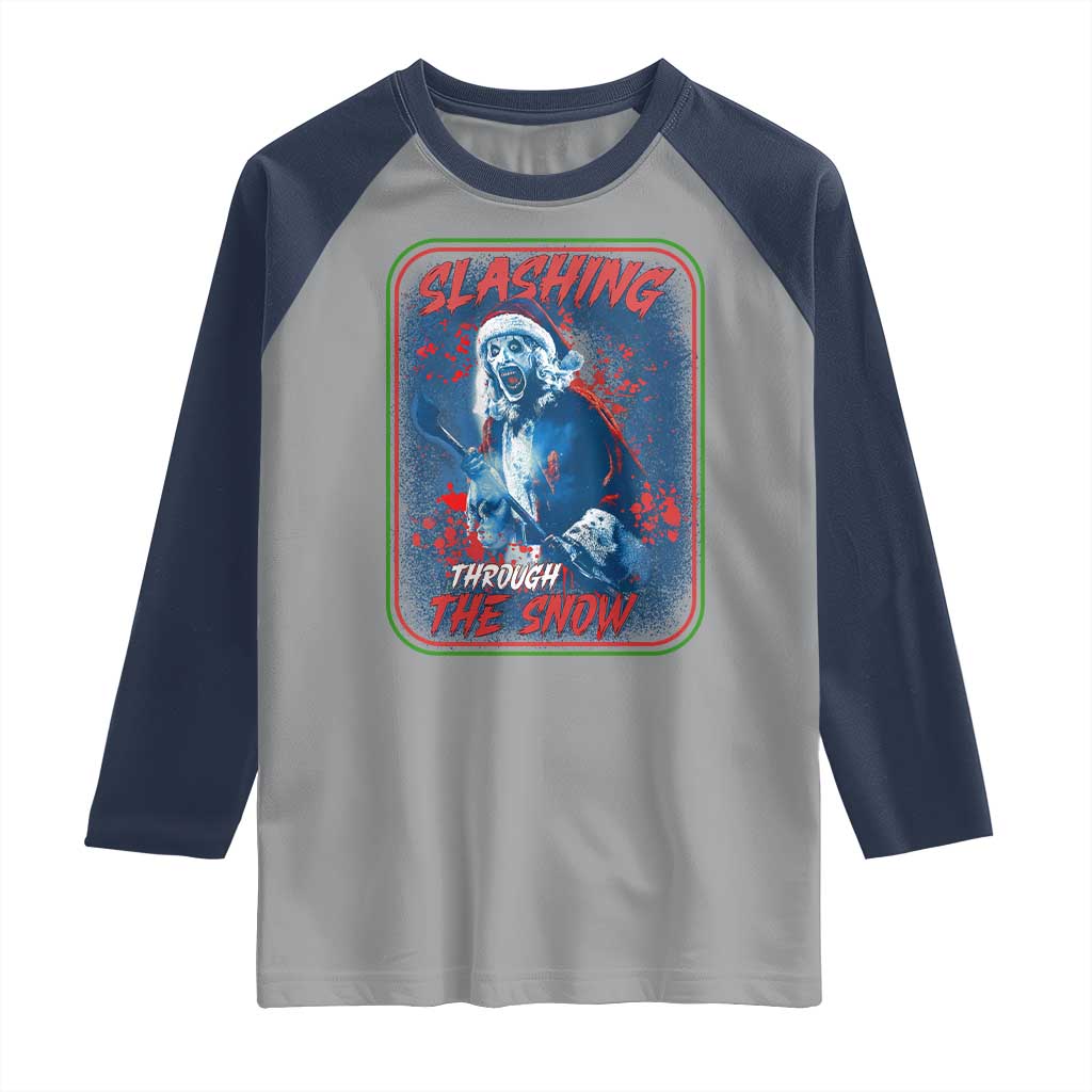 Terrifier Santa Christmas Raglan Shirt Slashing Through The Snow - Wonder Print Shop