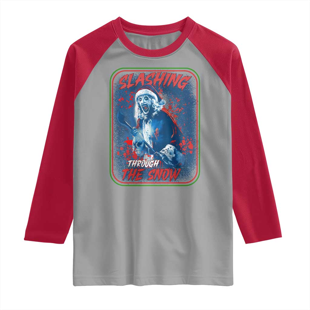 Terrifier Santa Christmas Raglan Shirt Slashing Through The Snow - Wonder Print Shop