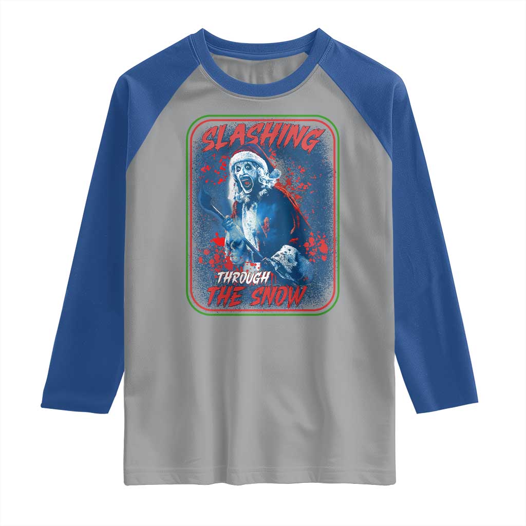 Terrifier Santa Christmas Raglan Shirt Slashing Through The Snow - Wonder Print Shop