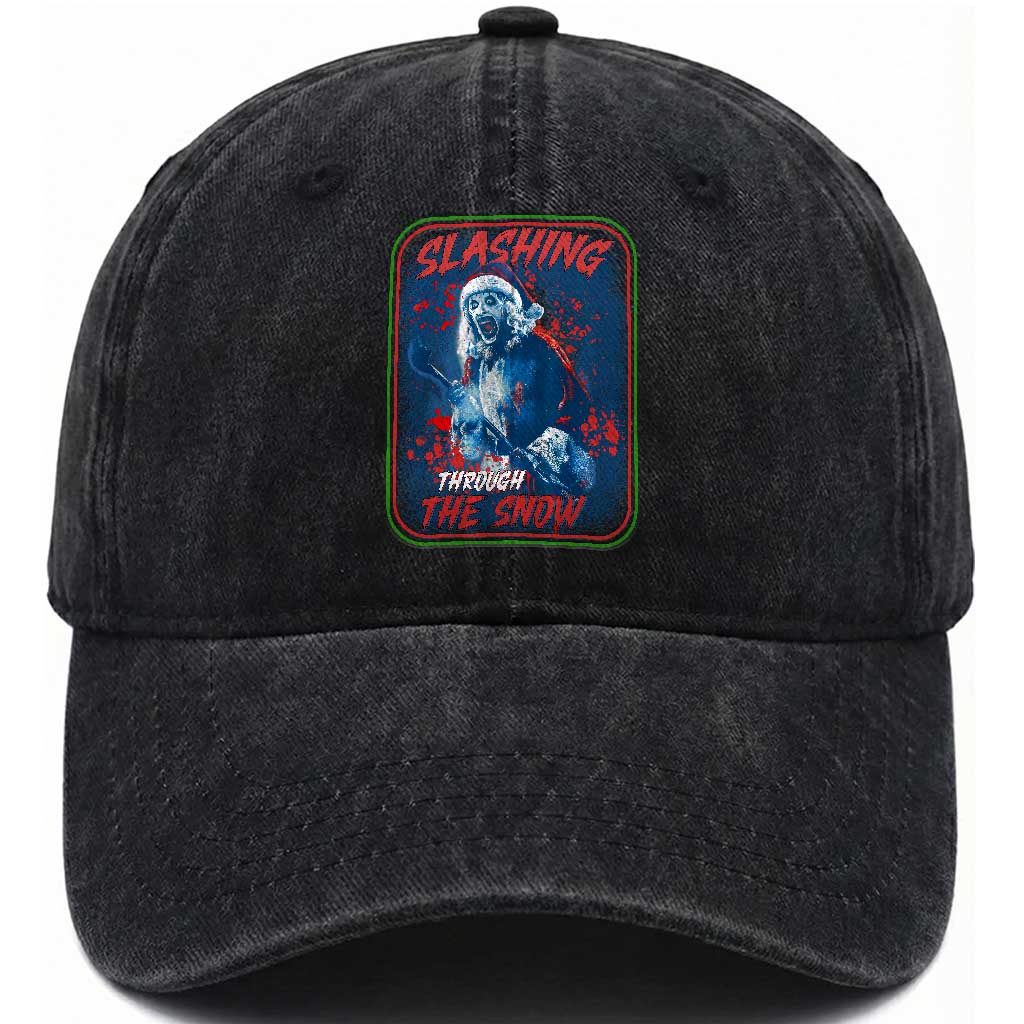 Terrifier Santa Christmas Washed Cotton Baseball Cap Slashing Through The Snow