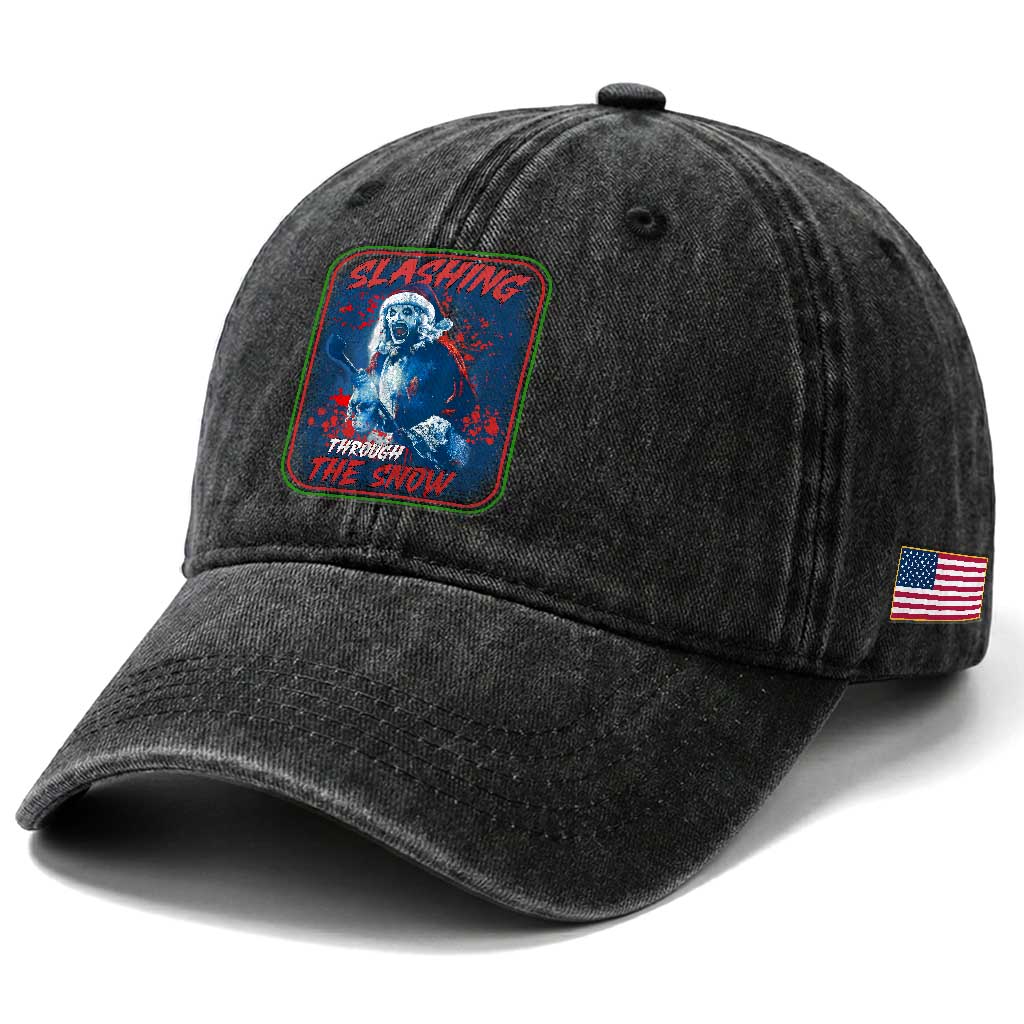Terrifier Santa Christmas Washed Cotton Baseball Cap Slashing Through The Snow