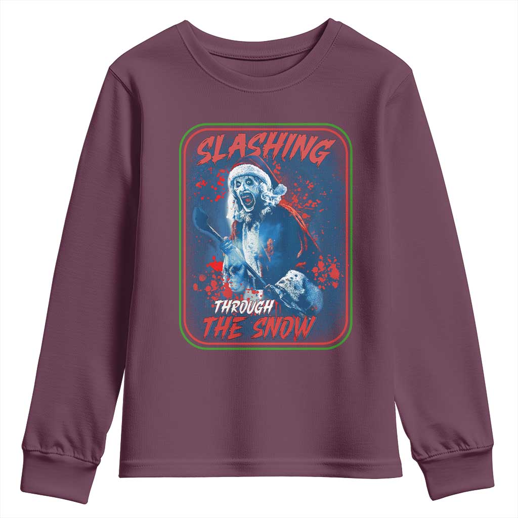Terrifier Santa Christmas Youth Sweatshirt Slashing Through The Snow - Wonder Print Shop
