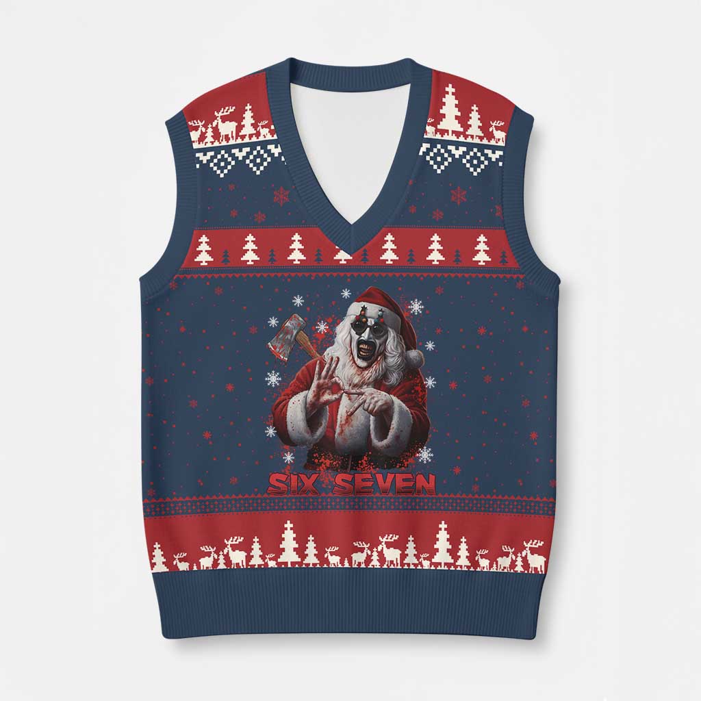 67 Terrifier Santa Horror Xmas V-Neck Knit Sweater Vest Funny Six Seven Meme Holiday Movie - Wonder Print Shop