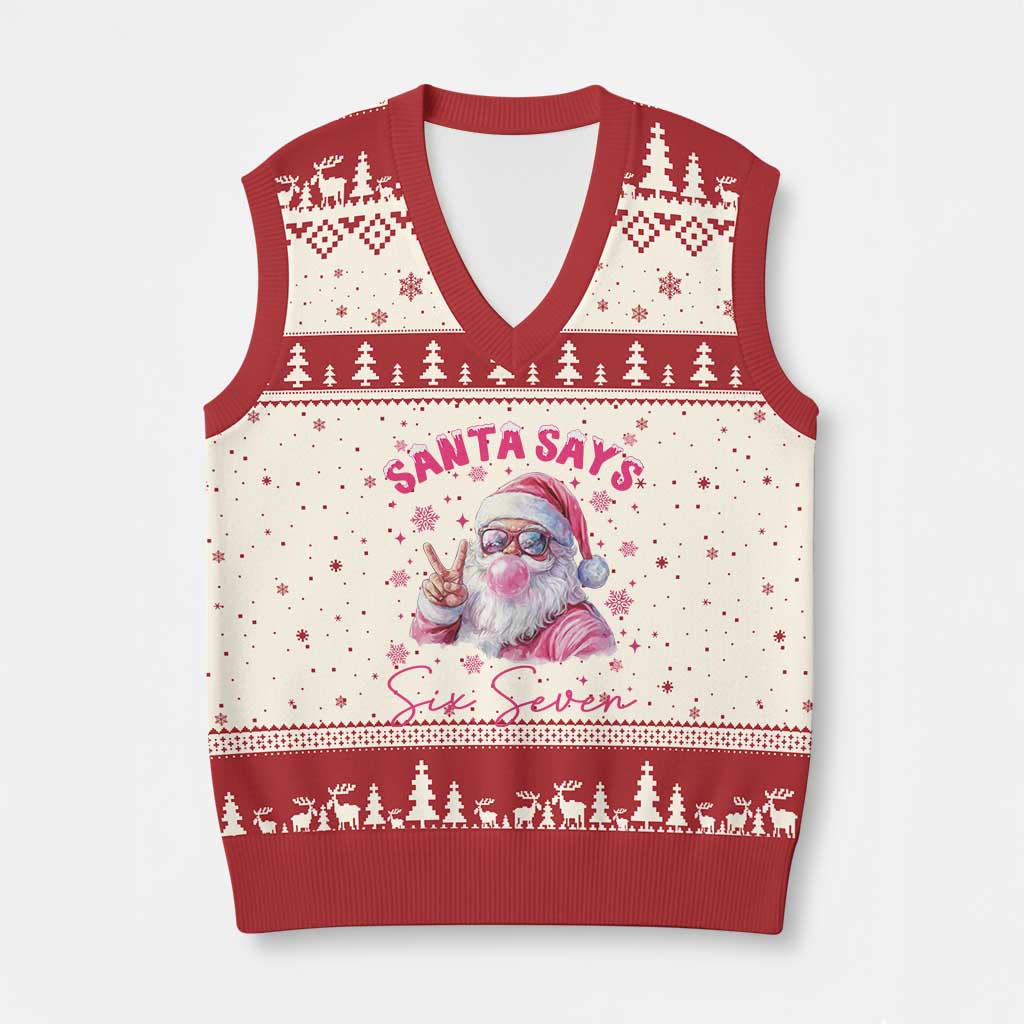67 Six Seven Pink Santa Christmas Meme V-Neck Knit Sweater Vest - Wonder Print Shop