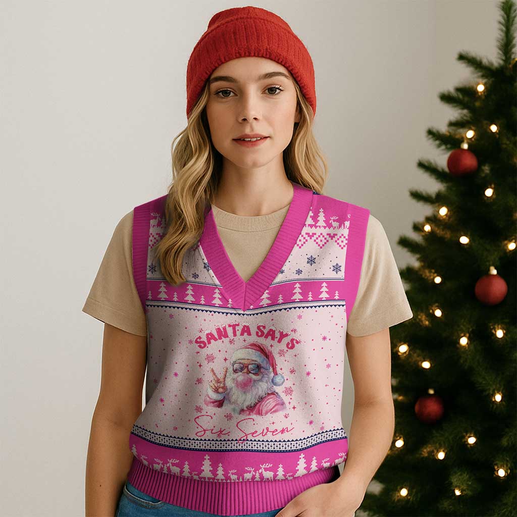 67 Six Seven Pink Santa Christmas Meme V-Neck Knit Sweater Vest - Wonder Print Shop
