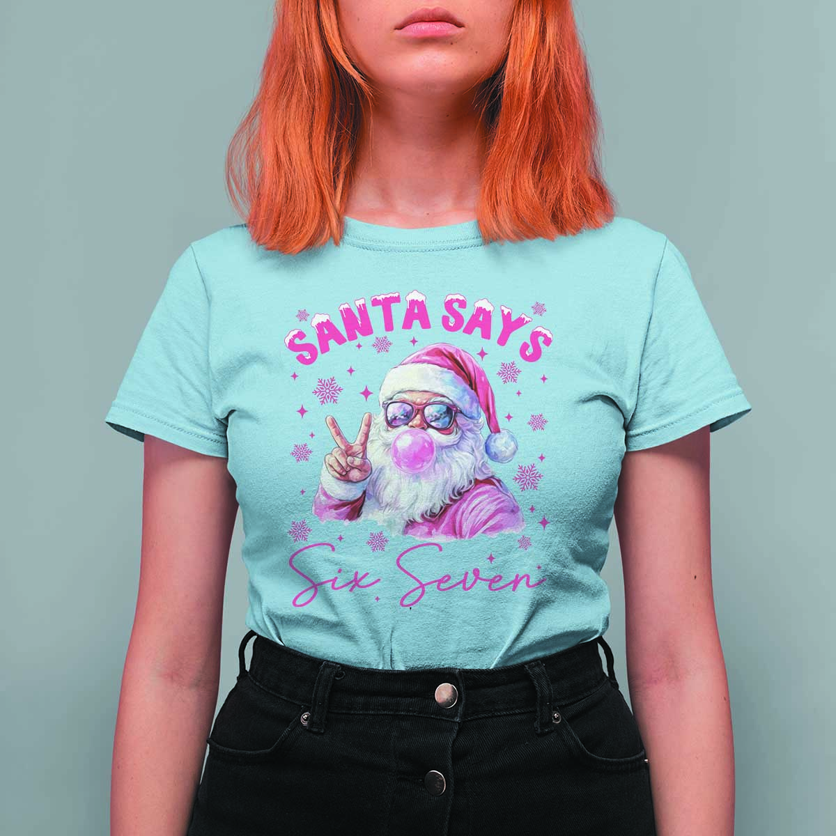 67 Six Seven Pink Santa Christmas Meme T Shirt For Women - Wonder Print Shop