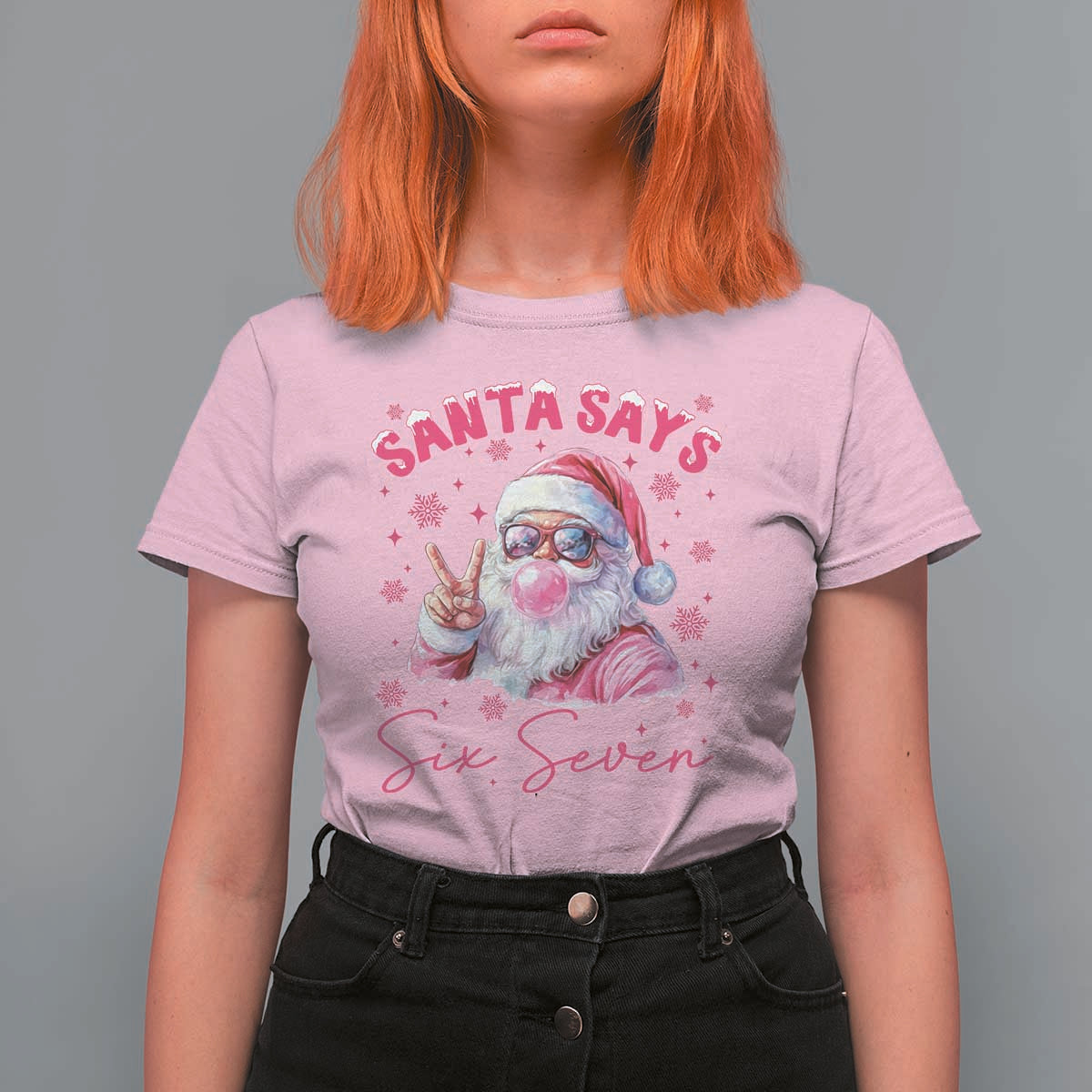 67 Six Seven Pink Santa Christmas Meme T Shirt For Women - Wonder Print Shop