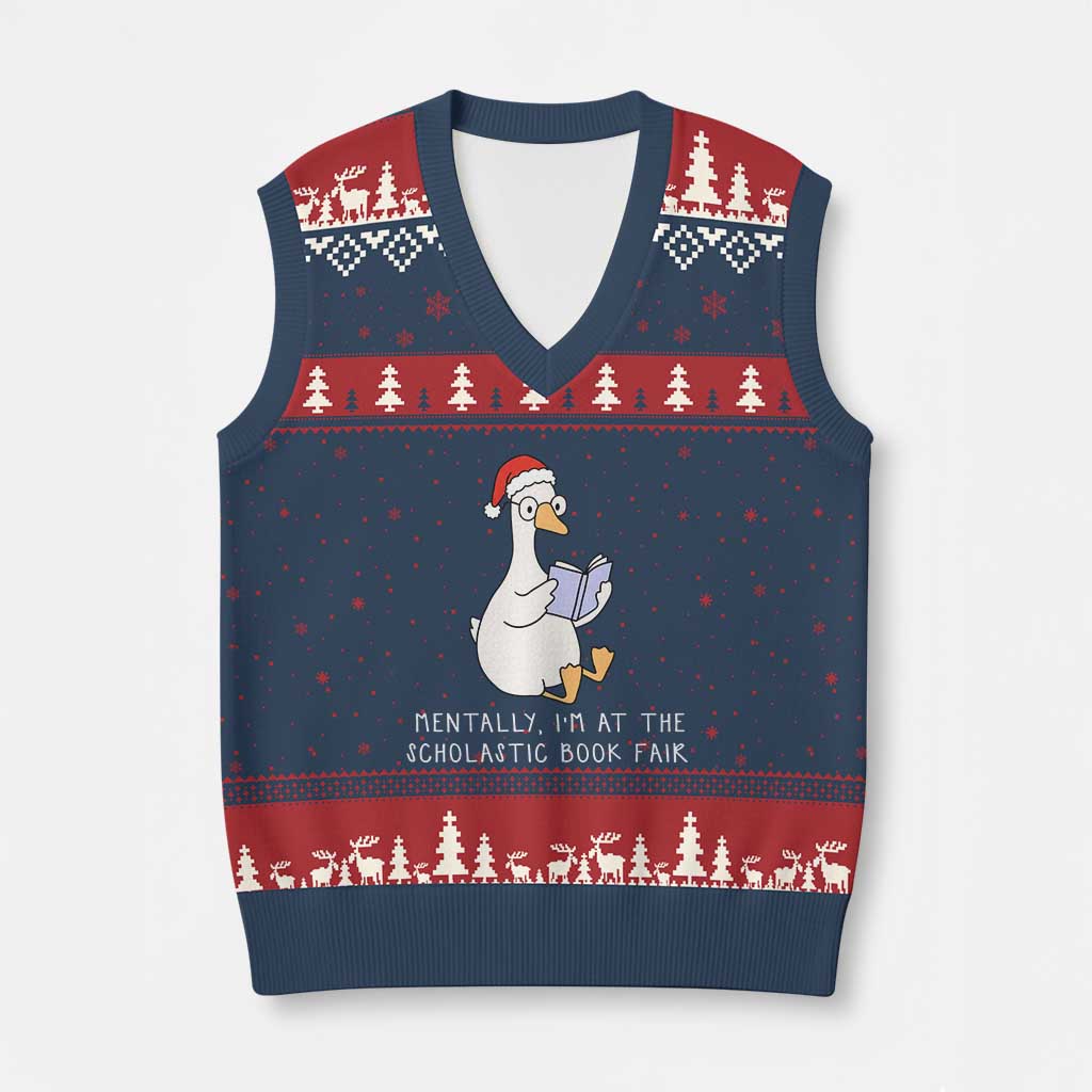 Silly Goose Bookish Xmas V-Neck Knit Sweater Vest Mentally I Am At The Scholastic Book Fair - Wonder Print Shop